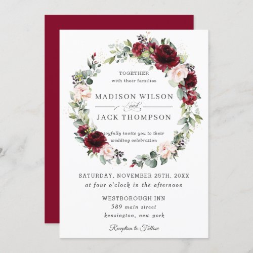 Rustic Burgundy Blush Pink Floral Wreath Wedding Invitation