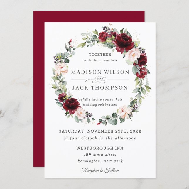 Rustic Burgundy Blush Pink Floral Wreath Wedding Invitation (Front/Back)