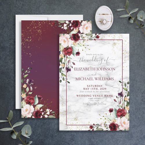 Rustic Burgundy Blush Pink Gold Floral Wedding Invitation