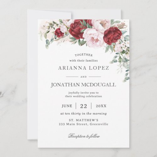 Rustic Burgundy Blush Pink Peonies Floral Wedding Invitation