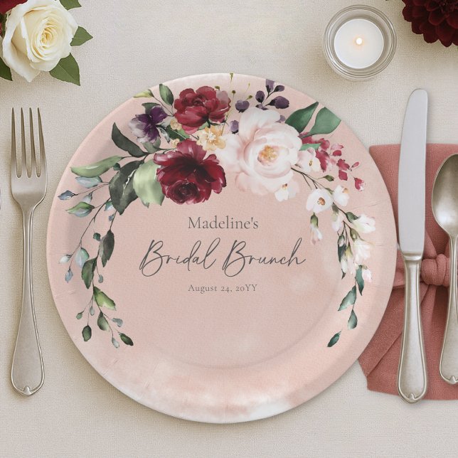 Rustic Burgundy & Blush Pink Roses Bridal Brunch Paper Plates (Rustic Burgundy & Blush Pink Roses Bridal Brunch Paper Plates)