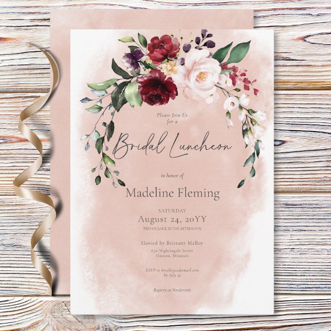 Rustic Burgundy & Blush Pink Roses Bridal Luncheon Invitation (Rustic Burgundy & Blush Pink Roses Bridal Luncheon Invitation)