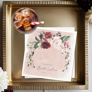 Rustic Burgundy & Blush Pink Roses Bridal Luncheon Napkins
