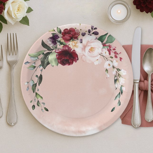 Rustic Burgundy & Blush Pink Roses Bridal Luncheon Paper Plates (Rustic Burgundy Pink Roses Bridal Shower Paper Plate)