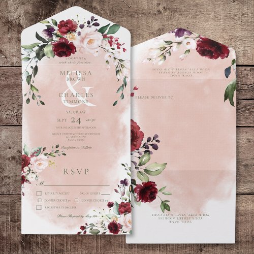Rustic Burgundy  Blush Pink Roses Dinner All In One Invitation