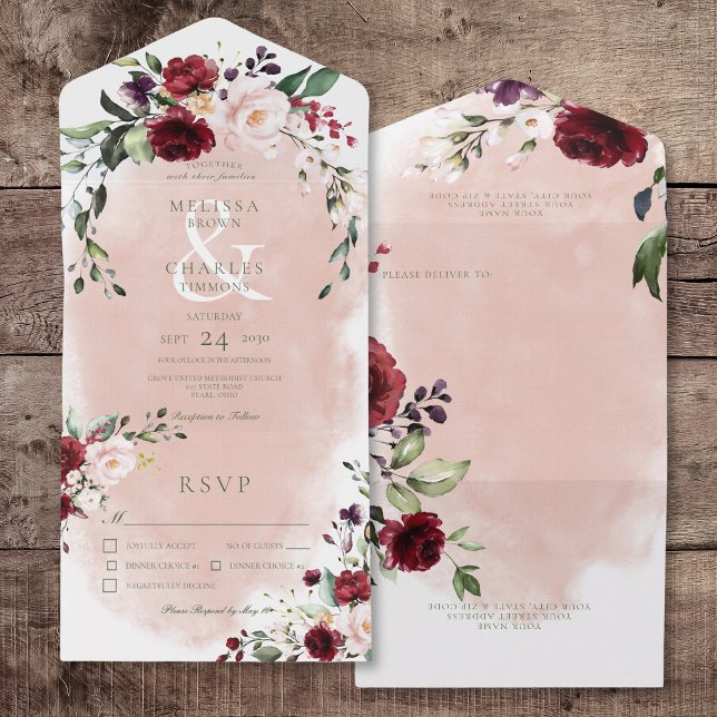 Rustic Burgundy & Blush Pink Roses Dinner All In One Invitation (Rustic Burgundy & Blush Pink Roses Front and Back)