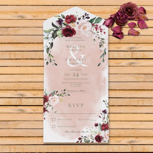 Rustic Burgundy  Blush Pink Roses No Dinner All In One Invitation