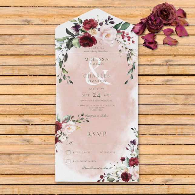 Rustic Burgundy & Blush Pink Roses No Dinner All In One Invitation (Also available with a QR code or with dinner selection options.)