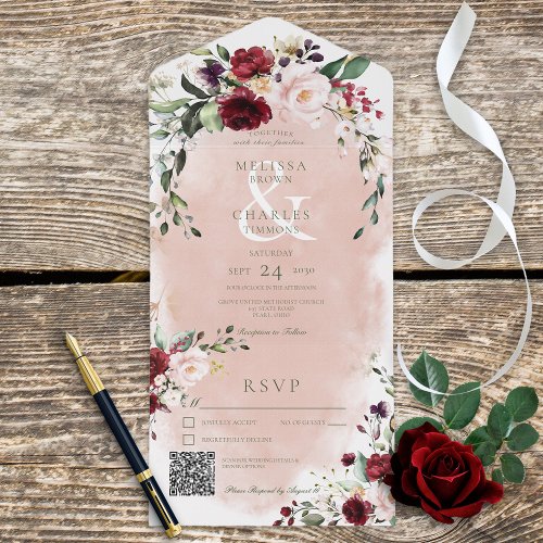 Rustic Burgundy  Blush Pink Roses QR Code All In One Invitation