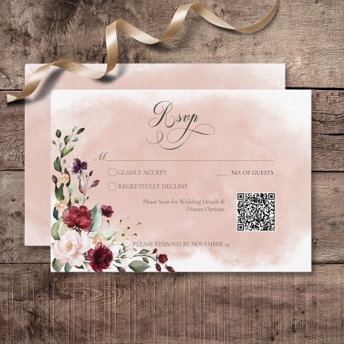 Rustic Burgundy  Blush Pink Roses QR Code RSVP Card