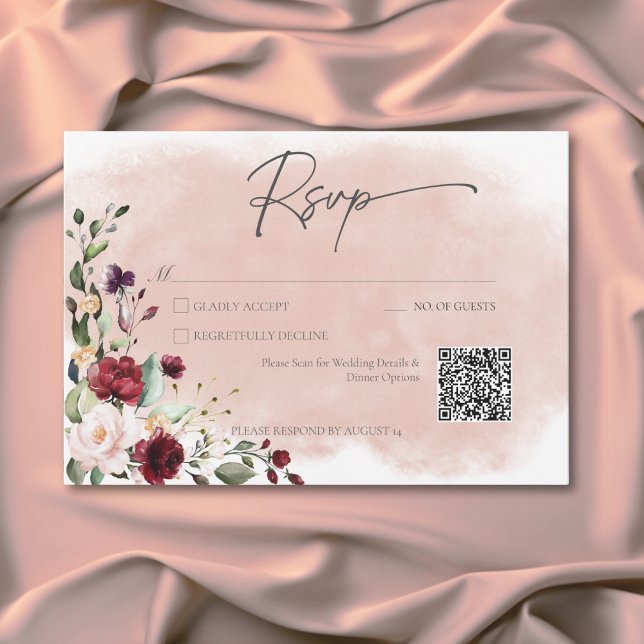 Rustic Burgundy & Blush Pink Roses QR Code RSVP Card (Rustic Burgundy & Blush Pink Roses QR Code RSVP Card)