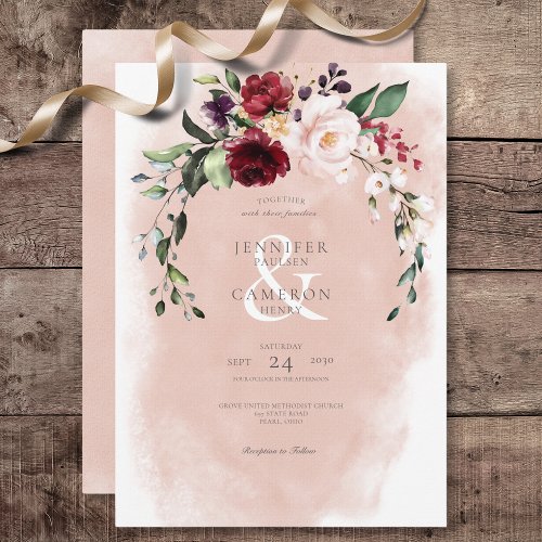 Rustic Burgundy  Blush Pink Roses Wedding Invitation