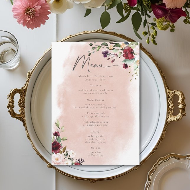 Rustic Burgundy & Blush Pink Roses Wedding Menu (Rustic Burgundy & Blush Pink Roses Wedding Menu)