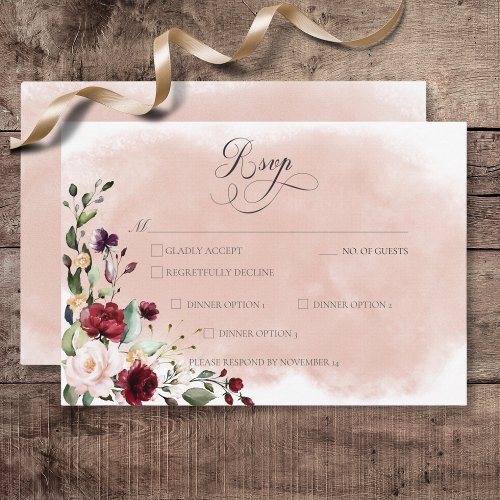 Rustic Burgundy  Blush Pink Roses Wedding RSVP Card