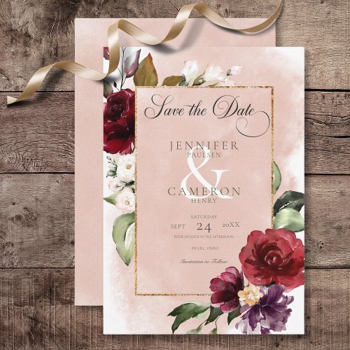 Rustic Burgundy  Blush Pink Roses Wedding Save The Date