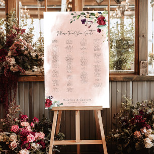 Rustic Burgundy & Blush Pink Roses Wedding Seating Foam Board