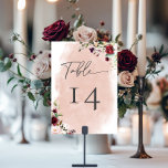 Rustic Burgundy & Blush Pink Roses Wedding Table Number<br><div class="desc">Elevate your wedding to a level of pure romance with our stunning wedding table number card. Soft sprays of rich Marsala wine and delicate pink roses, artfully intertwined with lush greenery and delicate berries, grace the canvas of a soft blush-colored watercolor splash background. This exquisite design is a true testament...</div>