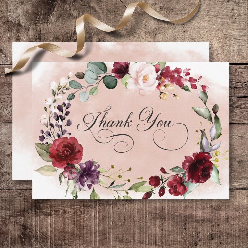 Rustic Burgundy  Blush Pink Roses Wedding Thank You Card