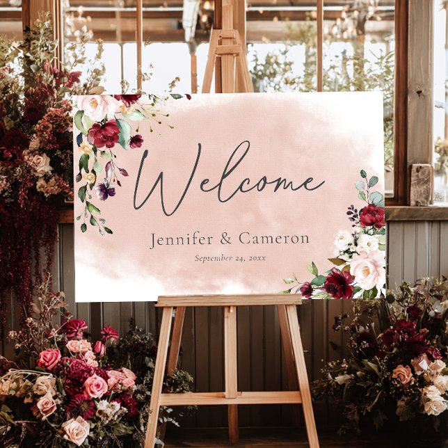 Rustic Burgundy & Blush Pink Roses Wedding Welcome Foam Board (Rustic Burgundy & Blush Pink Roses Wedding Welcome Sign)