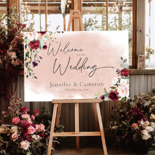 Rustic Burgundy & Blush Pink Roses Wedding Welcome Foam Board