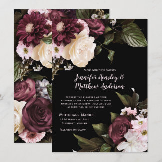 Rustic Burgundy, Blush Pink, White Floral Wedding Invitation