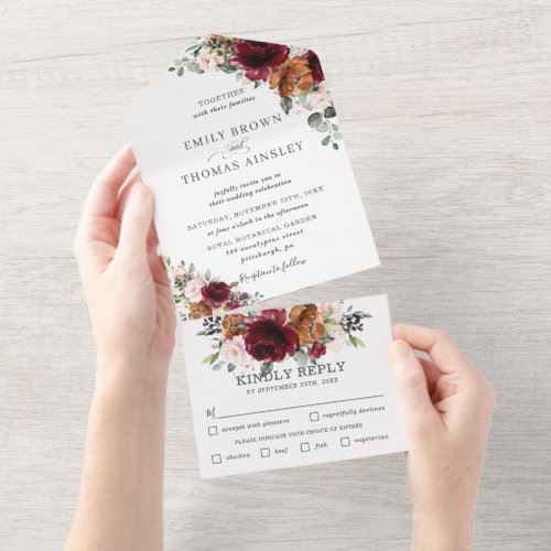 Rustic Burgundy Blush Rust Ivory Floral Wedding   All In One Invitation