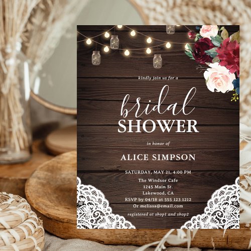 Rustic Burgundy Blush Script Bridal Shower Flyer