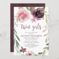 Rustic burgundy blush twin girls baby shower invitation