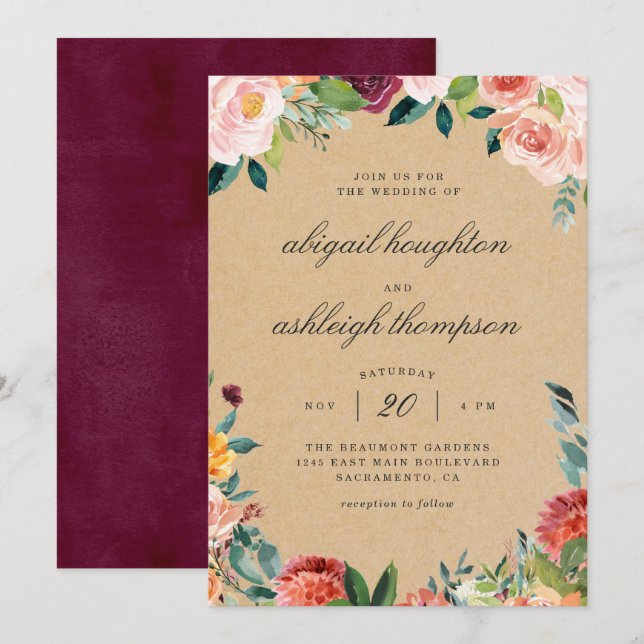 Rustic Burgundy Blush Watercolor Floral Wedding Invitation (Front/Back)