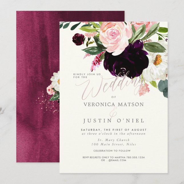 Rustic Burgundy+Blush Watercolor Flowers Invitation (Front/Back)