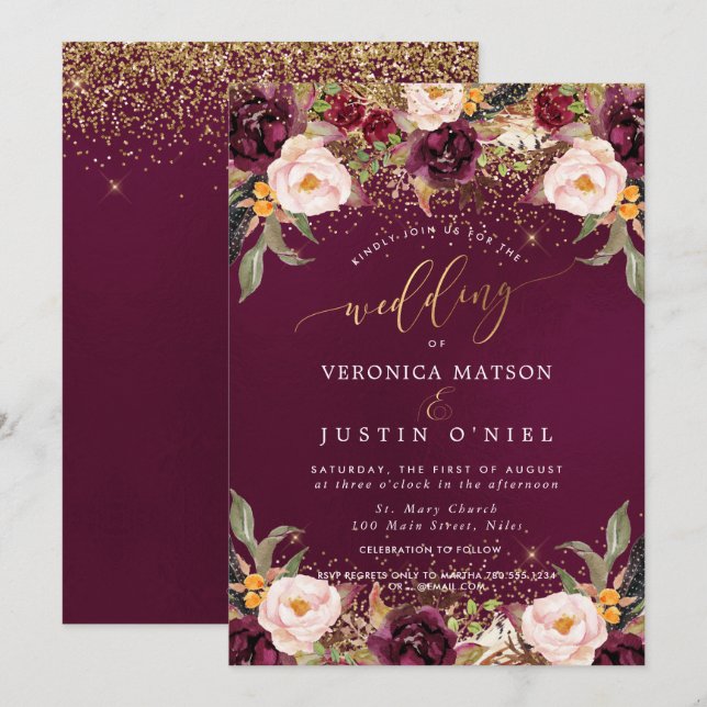 Rustic Burgundy+Blush Watercolor Flowers Invitation (Front/Back)