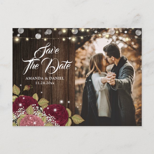Rustic Burgundy Blush Wedding Photo Save The Date Announcement Postcard (Front)