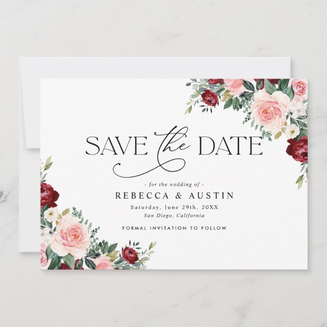 Rustic Burgundy Blush Wedding Save the Date Invitation (Front)