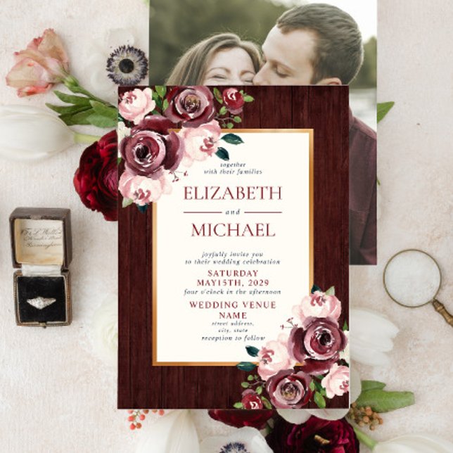 Rustic Burgundy Blush Wood Gold Photo Wedding Invitation (Creator Uploaded)