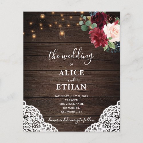 Rustic Burgundy Blush Wood Wedding Flyer