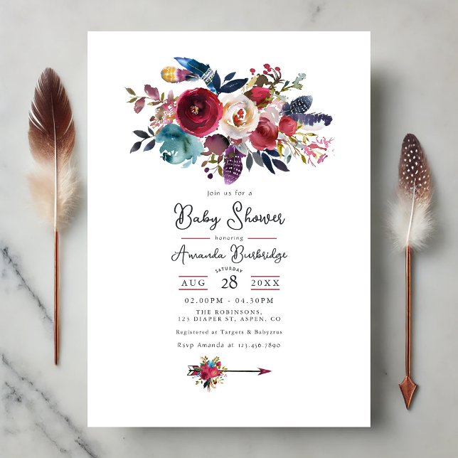 Rustic Burgundy Boho Floral Baby Shower Invitation (Rustic Burgundy Boho Floral Baby Shower Invitation)