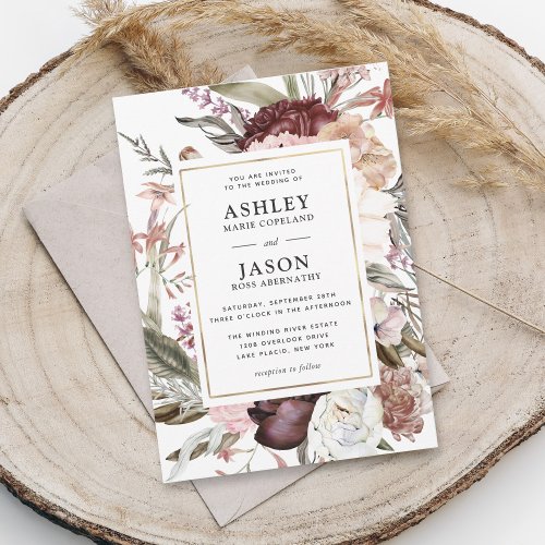 Rustic Burgundy Boho Floral Wedding Invitation