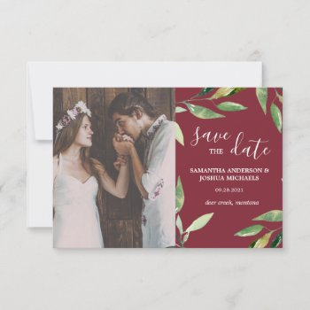Rustic Burgundy Boho Leaf Save The Date With Photo by antiquechandelier at Zazzle