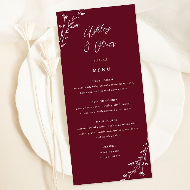 Rustic Burgundy Botanical Wedding Menu Card (Creator Uploaded)