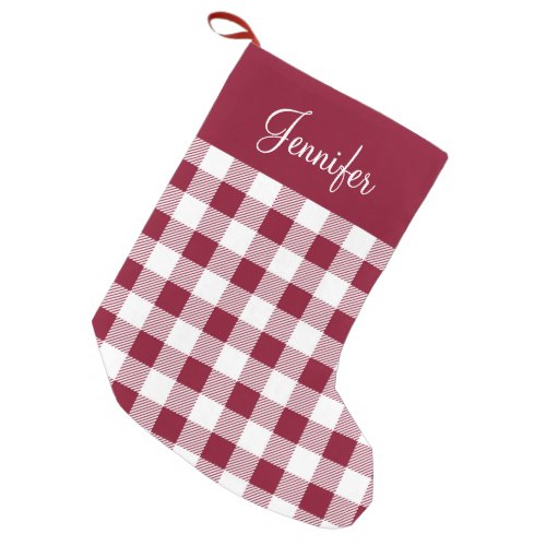 Rustic Burgundy Buffalo Plaid Name Small Christmas Stocking