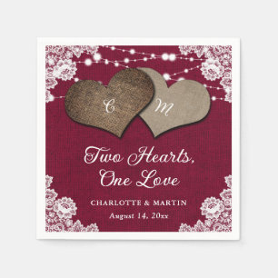 Rustic Burgundy Burlap Lace String Lights Wedding Napkins