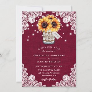 Rustic Burgundy Burlap Lace Sunflower Wedding Invitation