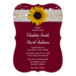 Rustic Burgundy Burlap Lace Sunflower Wedding Invitation