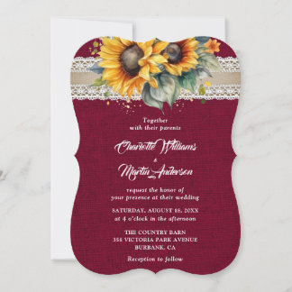 Rustic Burgundy Burlap Lace Sunflower Wedding Invitation