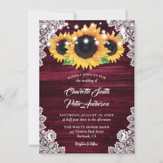 Rustic Burgundy Burlap Lace Sunflower Wedding Invitation