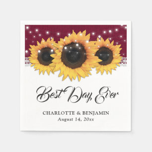 Rustic Burgundy Burlap Lace Sunflower Wedding Napkins