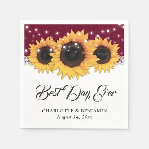 Rustic Burgundy Burlap Lace Sunflower Wedding Napkins