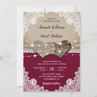Rustic Burgundy Burlap Lace Wedding Invitation