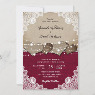 Rustic Burgundy Burlap Lace Wedding Invitation