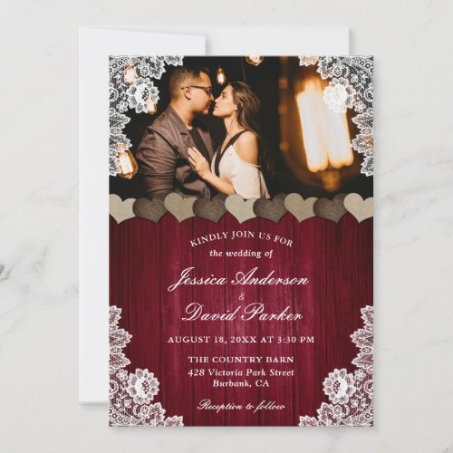 Rustic Burgundy Burlap Lace Wedding Photo Invitation